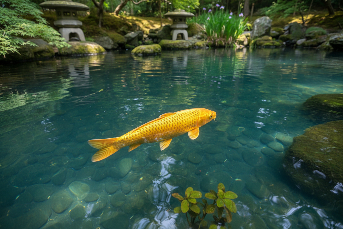 Yamabuki Ogon koi – metallic goudgele koi in heldere vijver