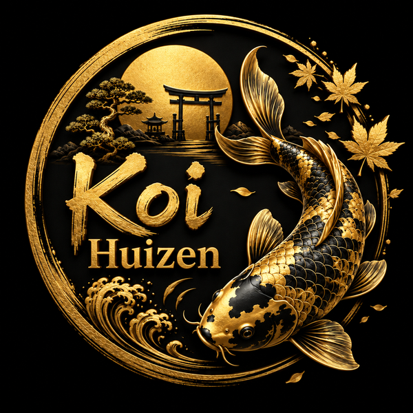 3D-versie van het zwart-gouden Koi Huizen-logo