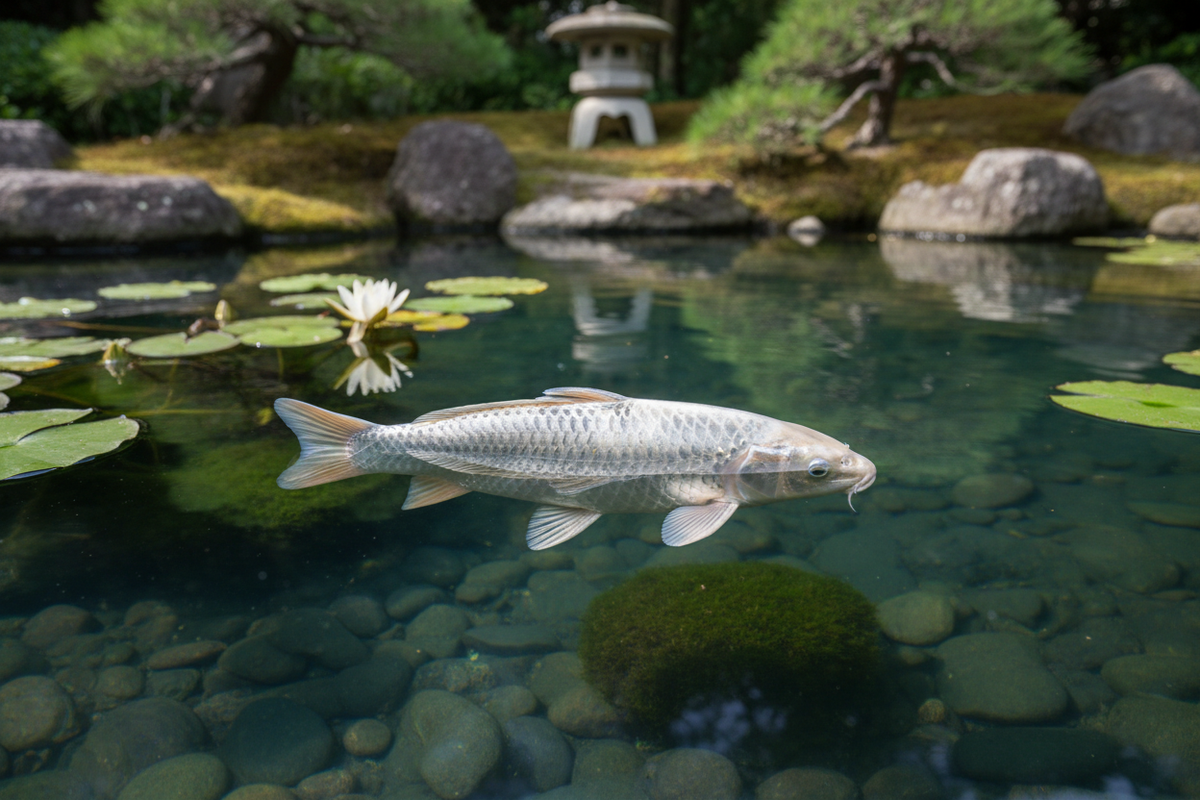 Platinum Ogon koi – metallic zilverkleurige koi in heldere vijver