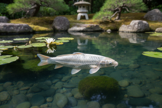 Platinum Ogon koi – metallic zilverkleurige koi in heldere vijver